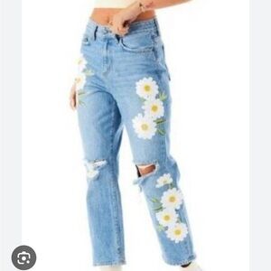Daisy Carmar Embroidered Distressed/ Ripped High-Rise Straight Leg Jeans